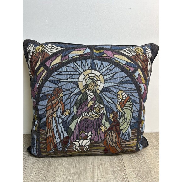 VTG Dakota Tapestry Pillow Nativity Decor Stained Glass Baby Jesus 16” - Picture 2 of 7